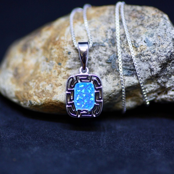 New Greek Key Design Blue Opal Pendant Sterling Silver 925 , October Birthstone - Picture 6 of 7